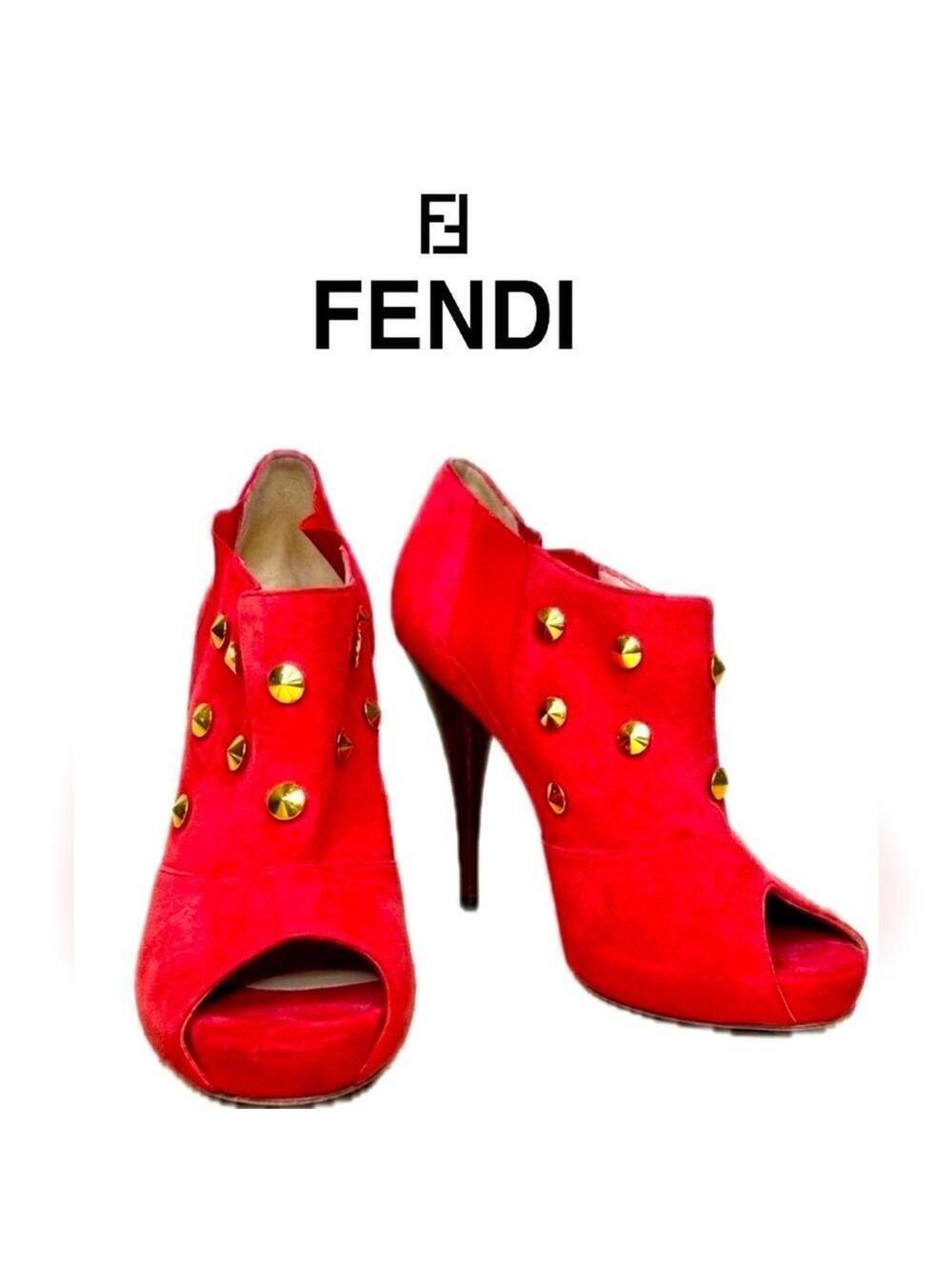 FENDI Red Studded Suede Platform Ankle heels boots, Size 36 US 5.5